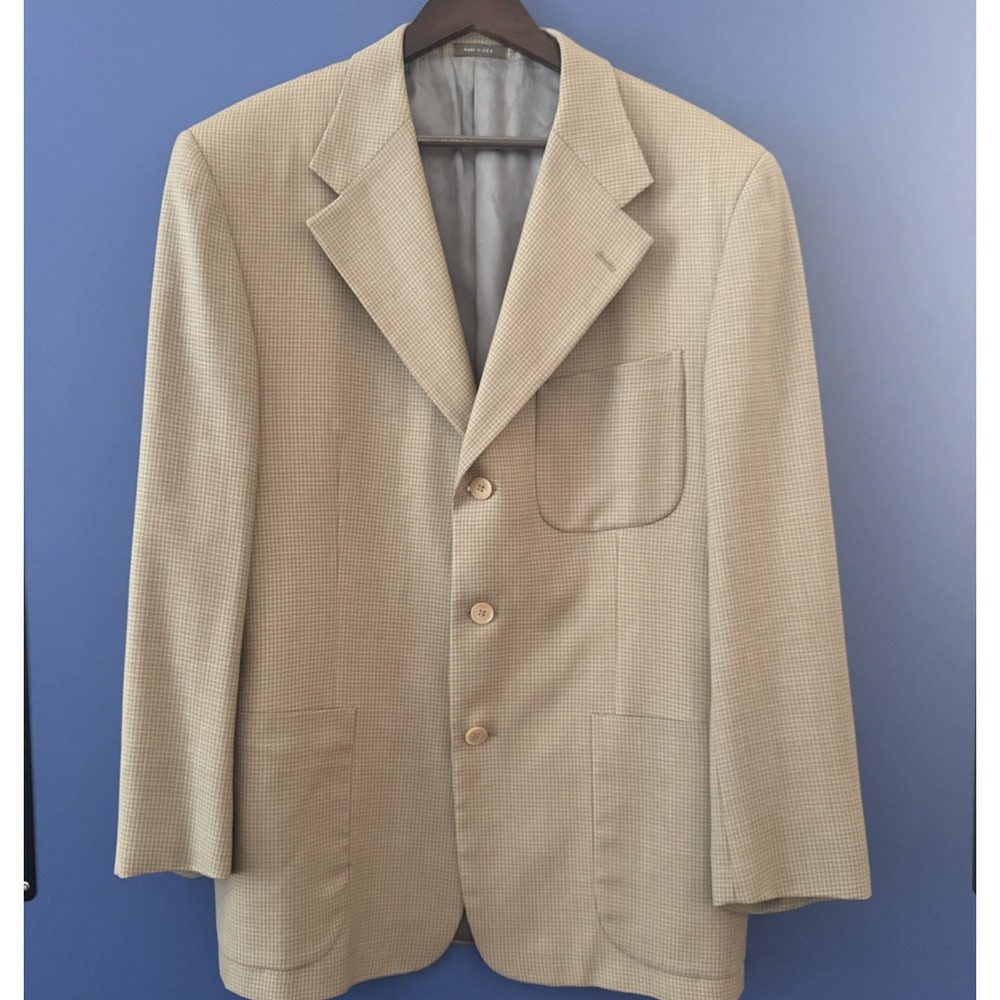 VTG Calvin Klein Blazer 42R Wool Made in USA Beige Houndstooth Sport Coat ACTWU